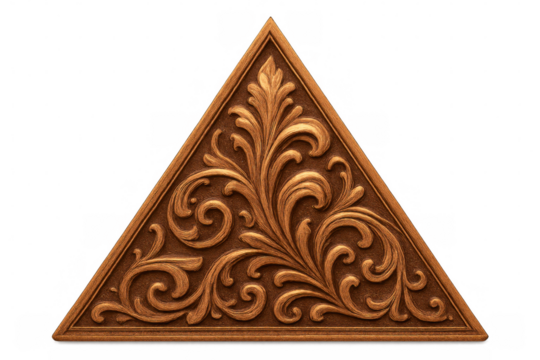 Wooden triangular decor featuring delicate floral patterns, floating against transparent backdrop for design and creative applications