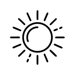 Sun icon with rays in minimalistic black line style  