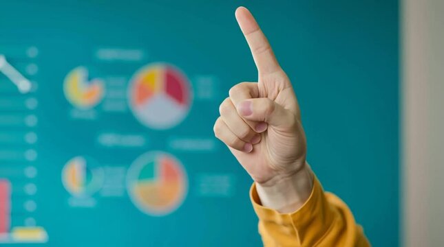 Pointing to Progress: A single, determined hand confidently points towards data graphs and charts, highlighting key insights and indicating forward momentum, symbolizing the clarity of focus.