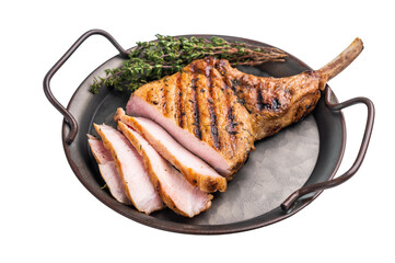 Flavorful grilled pork loin chop with bone, expertly cooked to perfection, making it the star of...