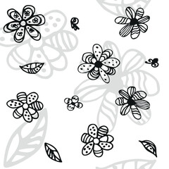 Floral black and white abstract hand-drawn seamless pattern