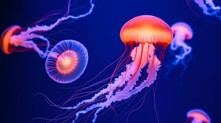 Glowing jellyfish with long tentacles floating in deep blue water, creating mesmerizing and colorful underwater scene