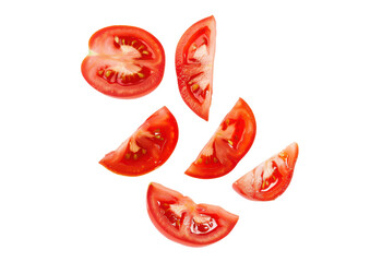 falling sliced tomato pieces isolated on white or transparent png