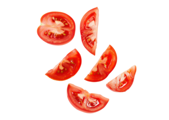 falling sliced tomato pieces isolated on white or transparent png