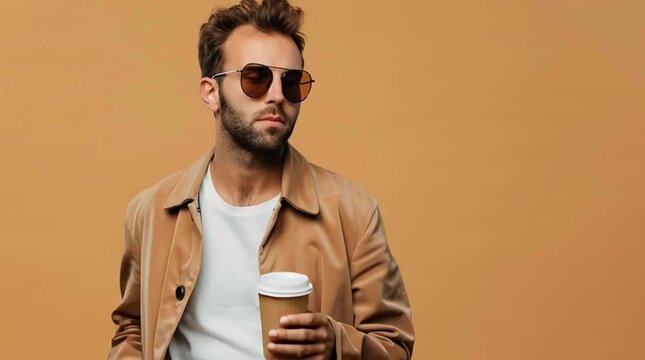 Stylish Individual with Coffee: A poised and fashionable man, clad in a trendy ensemble, takes a moment of respite with a warm beverage, exuding effortless style and sophistication.