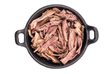 Savory pulled beef brisket served in a skillet, dipping  creating an appealing and mouthwatering culinary scene isolated on white background. top view