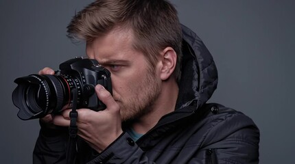 Focused Photographer Capturing a Moment: A determined photographer intently focuses on their craft, peering through the viewfinder of a professional camera.