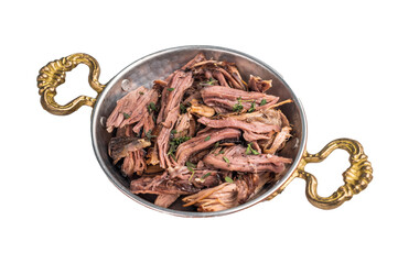 Close-up of succulent pulled brisket piled high on a rustic wooden board, garnished with fresh herbs, delicious meal isolated on white background. top view