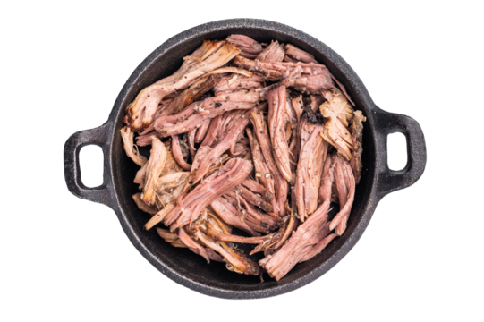 Savory pulled beef brisket served in a skillet, dipping  creating an appealing and mouthwatering culinary scene isolated on white background. top view