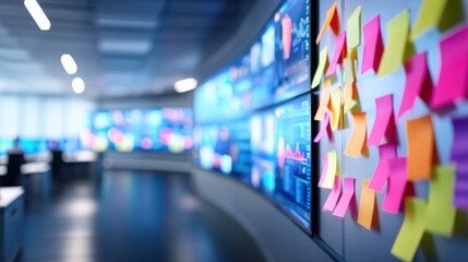 A close-up of colorful sticky notes on a wall with blurred digital screens displaying data in a modern office or control room.