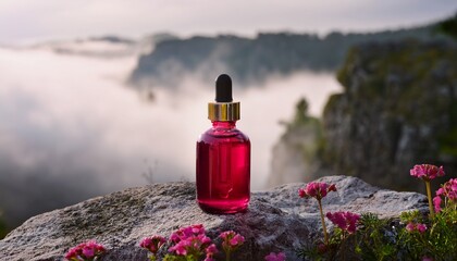 mysterious crimson dropper bottle poised by misty cliffside embodies enchanting alchemy serenely celebrating elixir crafting and ostara