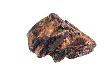 Beef short ribs, perfectly cooked and glazed with a rich barbecue sauce isolated on white...