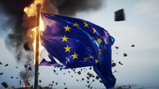European Union flag burning in a destructive environment