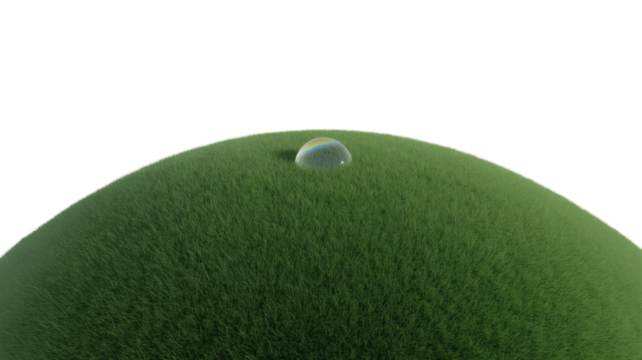 A clear droplet sits atop a grassy mound. This close-up image could be used as stock photography related to the environment, nature, or concepts like purity and freshness
