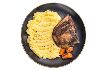 Braised beef short ribs resting on a bed of creamy mashed potatoes, creating an inviting culinary...