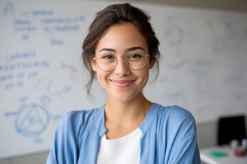 A young woman wearing glasses smiles confidently in a casual work setting, with a blurred whiteboard covered in notes in the background.