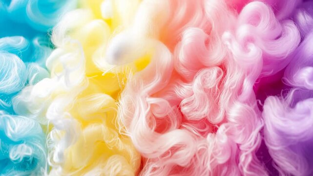 Soft colorful abstract background of swirling cotton candy textures in pastel rainbow shades