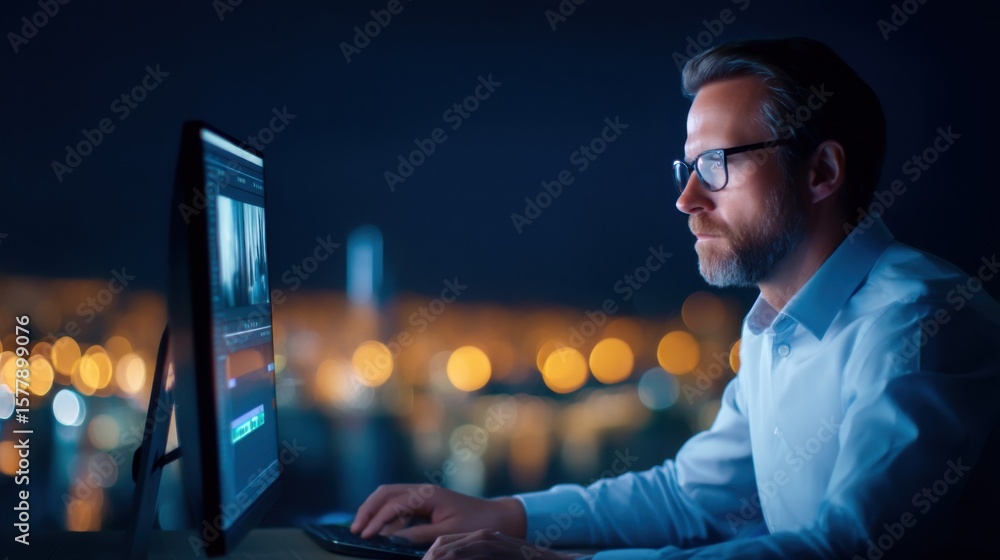 Poster a focused man wearing glasses works late at night on video editing using a desktop computer with a b