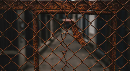 A close up of a rusty chain link fence with a blurred background showing a narrow passageway view