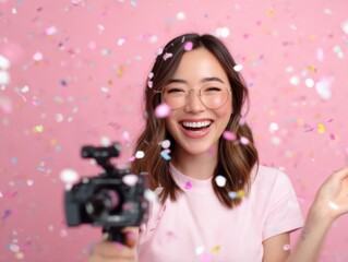 A joyful young woman with glasses records a video, smiling widely as colorful confetti falls around her against a pink background.