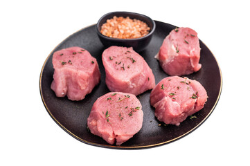 Tender fresh pork medallion, raw tenderloin meat perfect for elevating your dinner table with a...