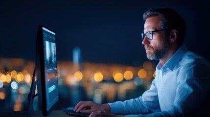 A focused man wearing glasses works late at night on video editing using a desktop computer with a blurred city lights background.