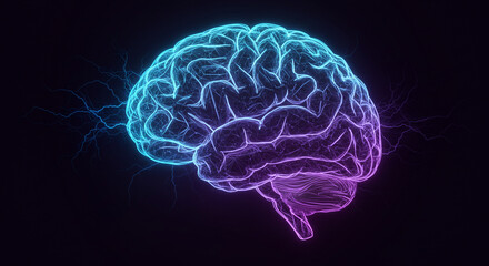 Glowing brain with blue and purple neon light effect on a dark background with electric sparks effect