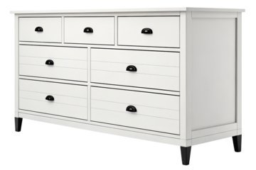 Modern white dresser with seven drawers and black handles isolated on transparent background