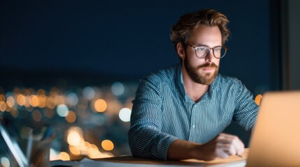 A focused man with glasses works late at night on a laptop, surrounded by a dimly lit, blurred cityscape background.