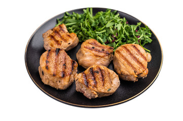 Savory charred pork loin medallion, tenderloin meat showcasing its tender texture and rich flavors after grilling. isolated on white background. top view