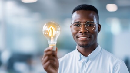 A confident man wearing glasses holds a glowing light bulb, symbolizing innovation and bright ideas in a modern, blurred office setting.