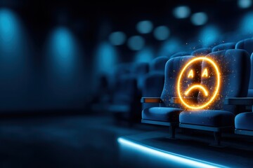A sad neon face glows on a theater seat in an otherwise empty, dimly lit auditorium with blue lighting.