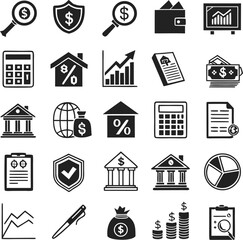 Financial and Business Icon Set - Banking, Investment, Money, and Analytics Symbols

