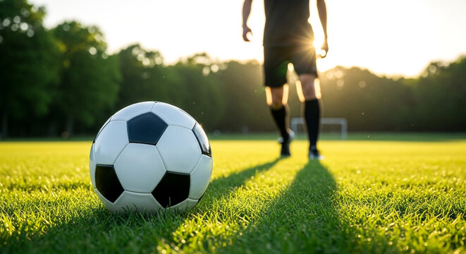 Golden Hour Soccer Scene: Athlete Prepares Powerful Kick on Sunny Field for promotional materials, sports motivation posters, social media sports campaigns, or stock photography collections for sports - Powered by Adobe