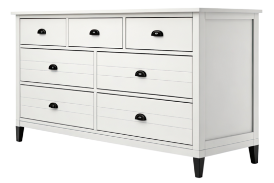 Modern white dresser with seven drawers and black handles isolated on transparent background