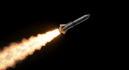 A rocket launches into the dark sky leaving a trail of bright orange and yellow flames behind it moving up