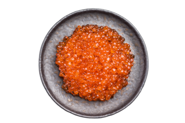 Luxurious red caviar, glistening pearls of flavor, perfect for elevating any gourmet dish or appetizer. isolated on white background. top view
