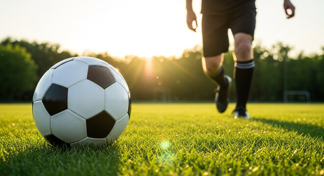 Golden Hour Soccer Scene: Athlete Prepares Powerful Kick on Sunny Field for promotional materials, sports motivation posters, social media sports campaigns, or stock photography collections for sports