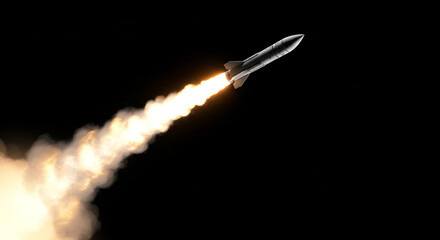 A missile launches into the dark sky with a bright flame and smoke trail leaving behind it in the blackness