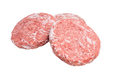 Frozen raw Hamburger beef Patty, uncooked mincemeat. isolated on white background. top view
