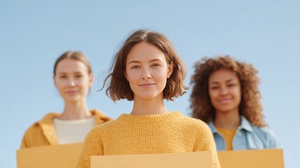 group of diverse women standing together on women equality day each holding sign with empowering symbols