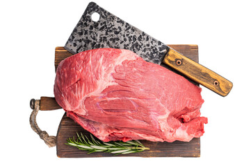 Fresh Raw Round Silverside beef meat cut, inside round with hrebs for roasting. isolated on white...