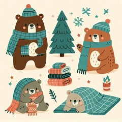 Set of animals, Seamless background with autumn leaves, illustration in flat style with elements on white background, Bear