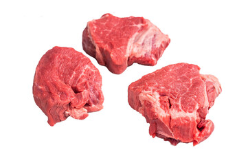 Fresh Raw beef tenderloin steaks with herbs and spices, marble meat ready for roast. isolated on white background. top view