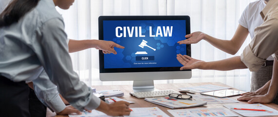 Civil law brisk information showing on computer screen for Common Justice Legal Regulation Rights...