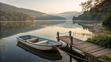 Damascus Reflections Tranquil Bay Morning with Paddleboat and Dock, a Landscape Scene