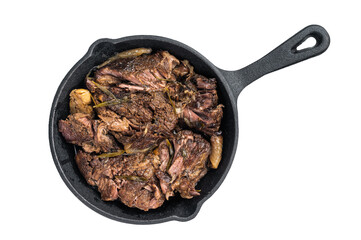 Beef bourguignon stew in a pan isolated on a white background. top view