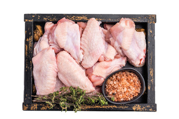 Beautifully arranged raw chicken wings, ready to soak up your favorite marinades for a tasty...