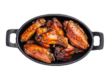 Grilled chicken wings smothered in sweet and sour sauce, poultry meat. isolated on white background. top view