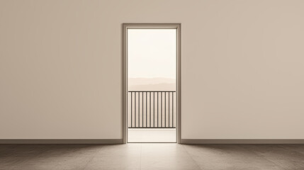 Fototapeta premium A minimalistic interior with an open door leading to a balcony, revealing a serene, hazy landscape in soft neutral tones.